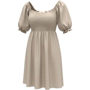 SUGAR+LIPS Off Shoulder Smocked Puff Sleeve Linen Blend Lined Dress Beige Size S